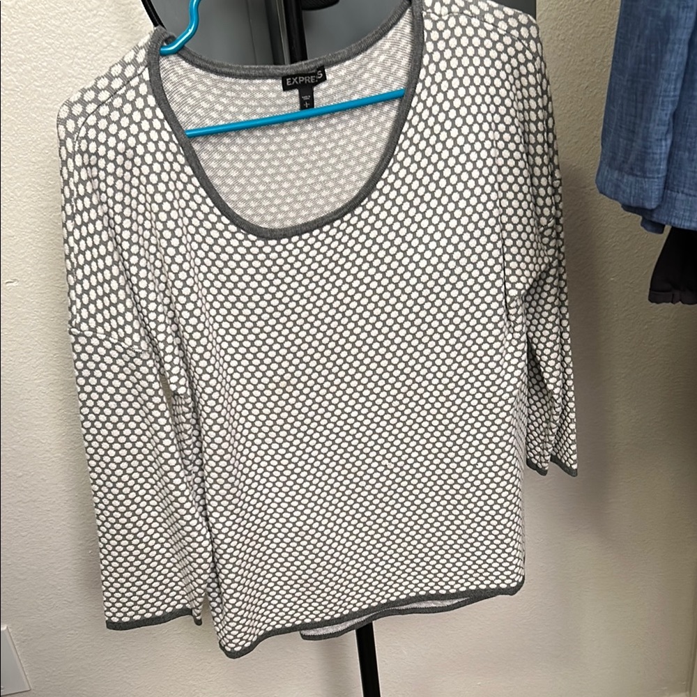 Express White and Black Blouse with Blue Trim and Three-Quarter Sleeves